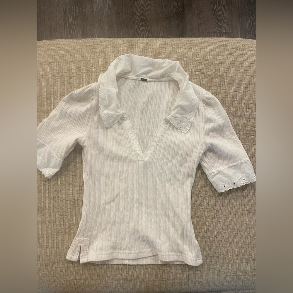 Free People Top with Puff Sleeves and Lace Collar